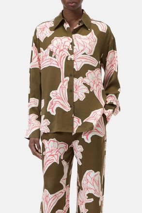 Closed Flower Print Oversized Shirt In Deep Olive