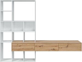 Dmora Parete attrezzata Bellusco, Set da soggiorno con 3 cassetti, Libreria salotto multiuso, 226x28h173 cm, Bianco e Rovere Nodi - Dmora