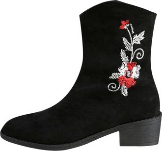 Generic Womens Embroidered Ankle Boots Low Block Heel Pointed Toe Retro Western Cowboy Booties with Side Zipper Casual Shoes Lightweight Autumn Winter size 5.