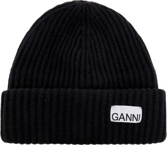 Ganni Oversized Rib Gebreide Muts - Dames - Hoeden - Zwart - ONE Size - Wol - Accessoires