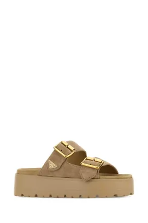 Prada Womens Beige Suede Slippers Ecru Ecru Flat Shoes