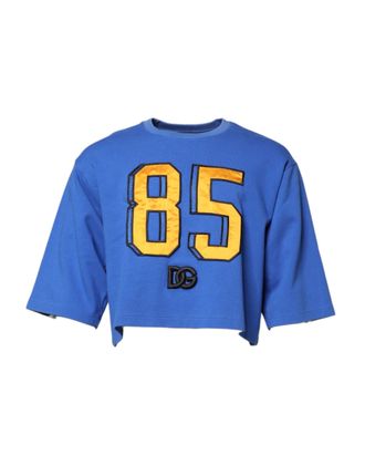 Dolce & Gabbana Blue Printed Cotton Cropped Crew Neck Mens T-shirt
