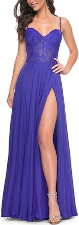 La Femme Chiffon and Lace Gown with Bustier Top in Royal Blue at Nordstrom, Size 12