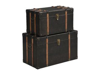 Vente-Unique Baule In Legno E Mdf - Rivestimento In Similpelle - L. 64 X P. 39 X H. 34 Cm E L. 54 X P. 30 X H. 30 Cm - Marrone Scuro - Lotto Di 2 - Mahalia