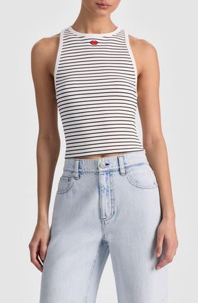 Alice & Olivia Allen Embroidered Tank in Off White/Black Stripe at Nordstrom, Size X-Small