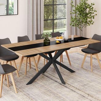 IDMarket Alix Mesa De Comedor Rectangular Extensible Con Almacenaje Para 6-10 Personas, Madera Y Banda Central Negra 160-200 Cm