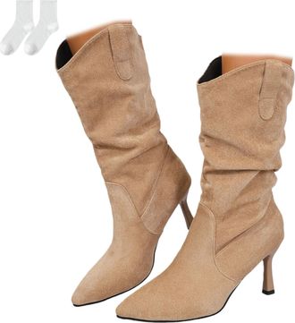 Generic Womens Mid-Calf Slouch Boots with An 8 Cm Heel, High-Heeled Boots with Pointed Toe in A Suede Look, Elegant Tall Boots for Everyday Wear, Leisure, Par