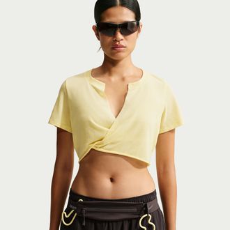 Nike Womens SKIMS Performance Cotton Blend V-Neck Cropped Twist Short-Sleeve Top in Yellow | IV6646-746