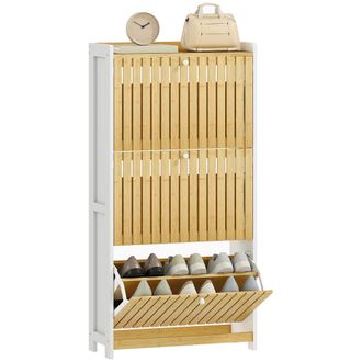 OEM Zapatero Estrecho Con 3 Puertas De Bamb&uacute; Con Listones Estantes Ajustables Para 18 Pares De Zapatos Blanco Y Natural