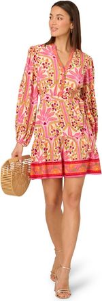 Adrianna Papell Womens Printed Flounce Dress - Pink - Size 10 UK