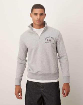 GANT Felpa grigia con zip corta e logo stile college-Grigio