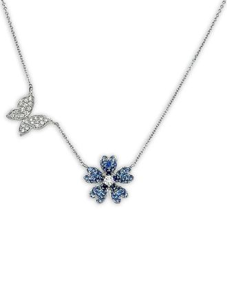 Lisa Nik 18K white gold Flower Butterfly sapphire and diamond necklace - Silver