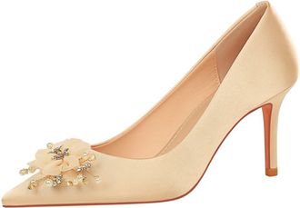 Generic Women Pointed Toe Stiletto High Heels 7CM Wedding Pumps Rhinestones Pearls Flower Lace Netting for Bride Prom Party (Champagne,3.5)