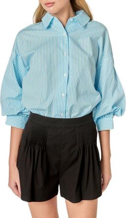 English Factory Stripe Puff Sleeve Button-Up Shirt in Powder Blue at Nordstrom, Size X-Small