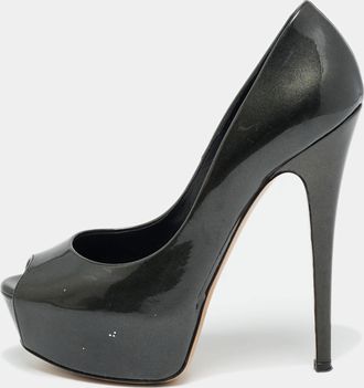 Casadei Size 36 Metallic Grey Patent Leather Peep Toe Pumps