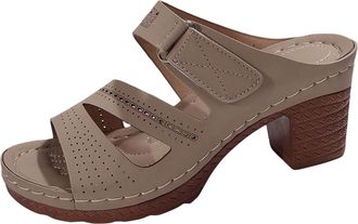 Generic Women Summer Casual Slip On Open Toe Sandals with Comfortable Square Heel Beach Footwear (Khaki, 6.5)