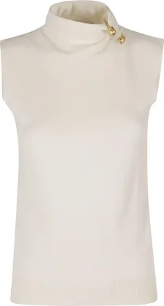 Alberta Ferretti White Ribbed Trim Removable Jewel High Neck Wool-Blend Tank Top
