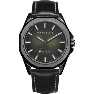 Perry Ellis Solar Powered 3-Hand Quartz Leather Strap Watch, 41mm in Gunmetal at Nordstrom Rack