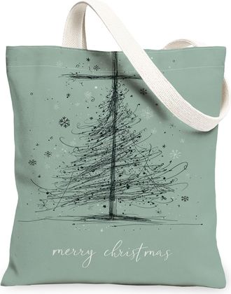 Generic Christmas Tree Canvas Tote Bags, Artistic Winter Design Reusable Grocery Bags, Vintage Lightweight Washable Shoulder Strap, Green, 13x15 Inch