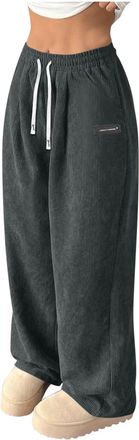 Generic Corduroy Trousers Women Casual Pull On Wide Leg Trousers with Pockets & Drawstring Ladies Elasticated Waist Lounge Pants Full Length Gym Running Track
