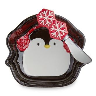 Tag Christmas Penguin Bowl & Snowflake Spreader Set Multi Earthenware 21 oz in Black at Nordstrom