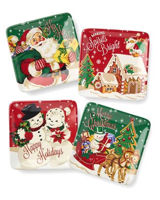 Certified International Santas Retro Christmas Set Of 4 Canape Plates