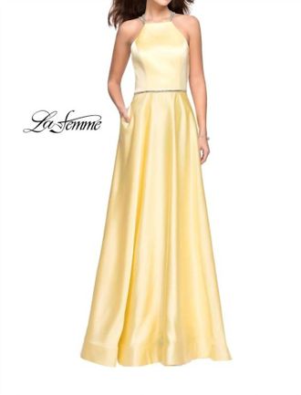 La Femme Hi-Neck Satin X-Back Gown In Pale Yellow