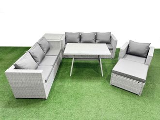 Fimous 8-seater Patio 3 Seater Sofa Armchair Set with Side Table Big Stool in Light Grey