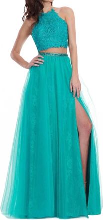 Rachel Allan Embroidered Lace Tulle Two-Piece Prom Dress In Jade