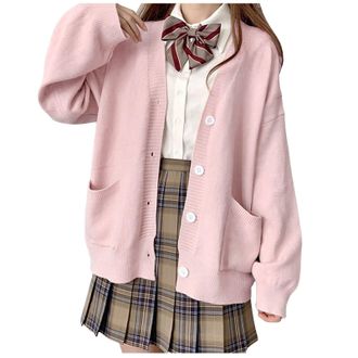 Generic Womens Japanese Cute Knitted Cardigan Sweater Cosplay Long Sleeve Button Down School Jacket (One Size) Pink