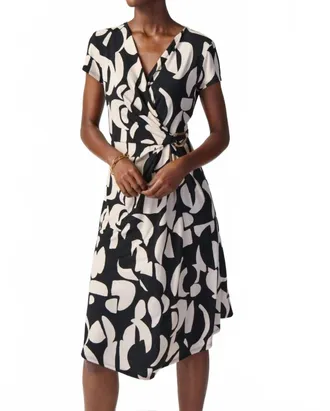 Joseph Ribkoff Geometric Print Asymmetric Faux Wrap Dress In Black/moonstone