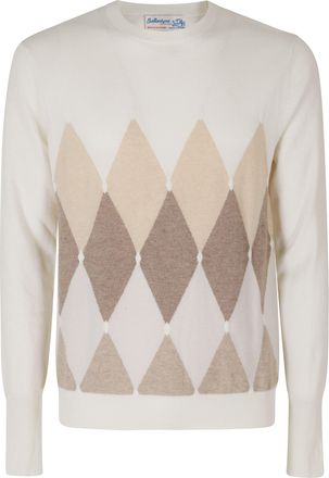 Ballantyne White Crew Neck Argyle Cashmere Sweater