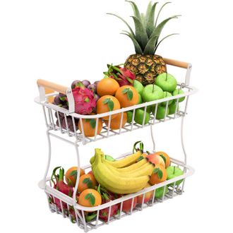 Relaxdays Relaxdays 2-tier fruit basket, kitchen fruit bowl, metal stand for fruit & vegetables, wooden handles, white