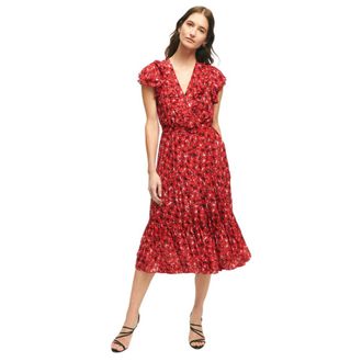 Brooks Brothers Chiffon Jurk met Poppy Print - Dames - Zomerkleedjes - Rood - M - Chiffon - Kleedjes