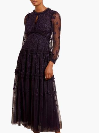 Needle & Thread Autumn Lace Long Sleeve Ankle Gown in Midnight at Nordstrom, Size 14