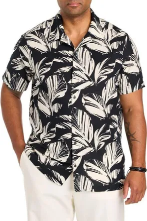 Perry Ellis Big & Tall Printed Leaf Camp Shirt in Black at Nordstrom, Size Xx-Large