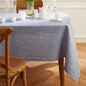 Solino Home Linen Tablecloth for Dining Table, Holiday and Everyday Dining Table Decor - Narrow Stripe in Navy And White at Nordstrom, Size X-Small