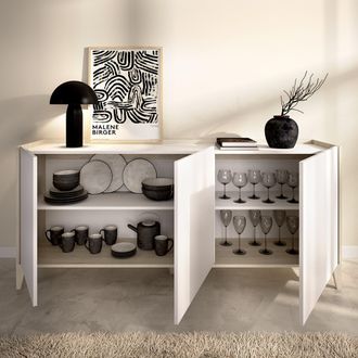 Dmora Aparador Caribou, 2 Estantes, 3 Puertas, Con Patas, 40x150x78h Cm Blanco
