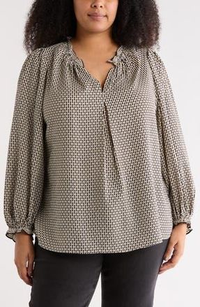Max Studio Split Neck Long Sleeve Crepe Top in Black/Khaki Dotted Boundaries at Nordstrom Rack, Size 1 X
