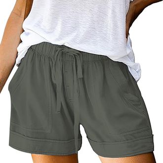 Generic Linen Shorts Women Ladies Solid Colour Drawstring Elastic Waist Loose Casual Pants with Pockets Summer Clothes Cotton Beach Walking Shorts for Women U