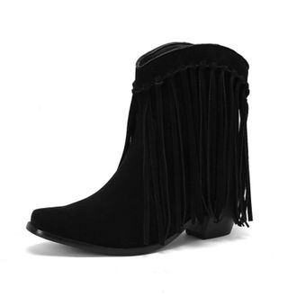 Generic Womens Fringe Suede Like Ankle Boots Low Block Heel Pointed Toe Slip On Retro Style Comfortable Non Slip Durable For Daily Casual Party Date Outings,B