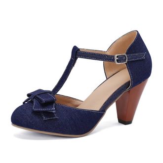 Generic Women Denim T Strap Pumps Round Toe Pointed Heel Bow Decor Adjustable Buckle Ankle Strap Cutout Non Slip Durable Comfortable Dress Party Shoes,Dark Bl
