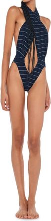 Susana Monaco Cross Halter Bodysuit In Navy Pinstripe