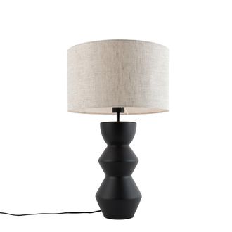 QAZQA Dise&ntilde;o L&aacute;mpara De Mesa De Dise&ntilde;o Negra Con Pantalla De Tela Gris Claro 35 Cm - Alisia Cer&aacute;mica Redonda Adecuado Para Led Max. 1 X 40 Watt - Qazqa