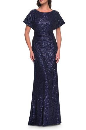 La Femme Sequin Stretch Evening Dress with High Neckline and Dolman Sleeves in Navy at Nordstrom, Size 12