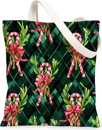 Generic Holiday Canvas Tote Bags, Festive Candy Cane and Floral Pattern Reusable Shopping Bags, Merry Vintage Style Lightweight Was, Green, 13x15 Inch