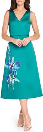 Tahari by ASL V-Neck Floral Print Fit & Flare Dress in Green Floral at Nordstrom, Size 6