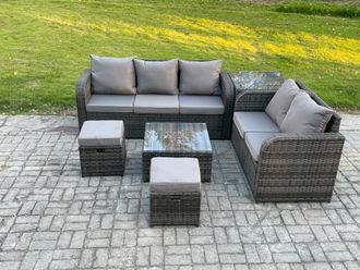 Fimous PE Rattan Garden Furniture Sets 7 Seater Outdoor Lounge Sofa Set Square Coffee Table 2 Small Footstools Side Table in Dark Grey