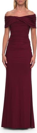 La Femme Off-the-Shoulder Draped Jersey Gown in Wine at Nordstrom, Size 18