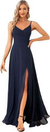 Ever-pretty Womens Empire Waist A Line V Neck Floor Length Spaghetti Straps Chiffon Slit Cocktail Evening Dresses Navy Blue 20UK